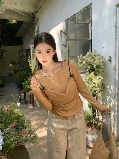 Sweet Bow Faux Two-Piece Knit Top 氧气甜美感~立刻入坑甜美蝴蝶结吊带假两件针织衫*7 Colors