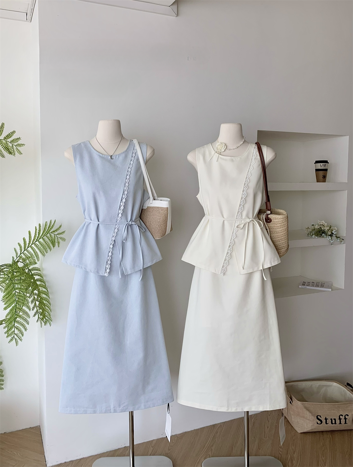 2025 Spring/Summer New Korean Style Elegant Lace Trim Sleeveless Top + High Waist Skirt Two-Piece Set for White Collar Workers