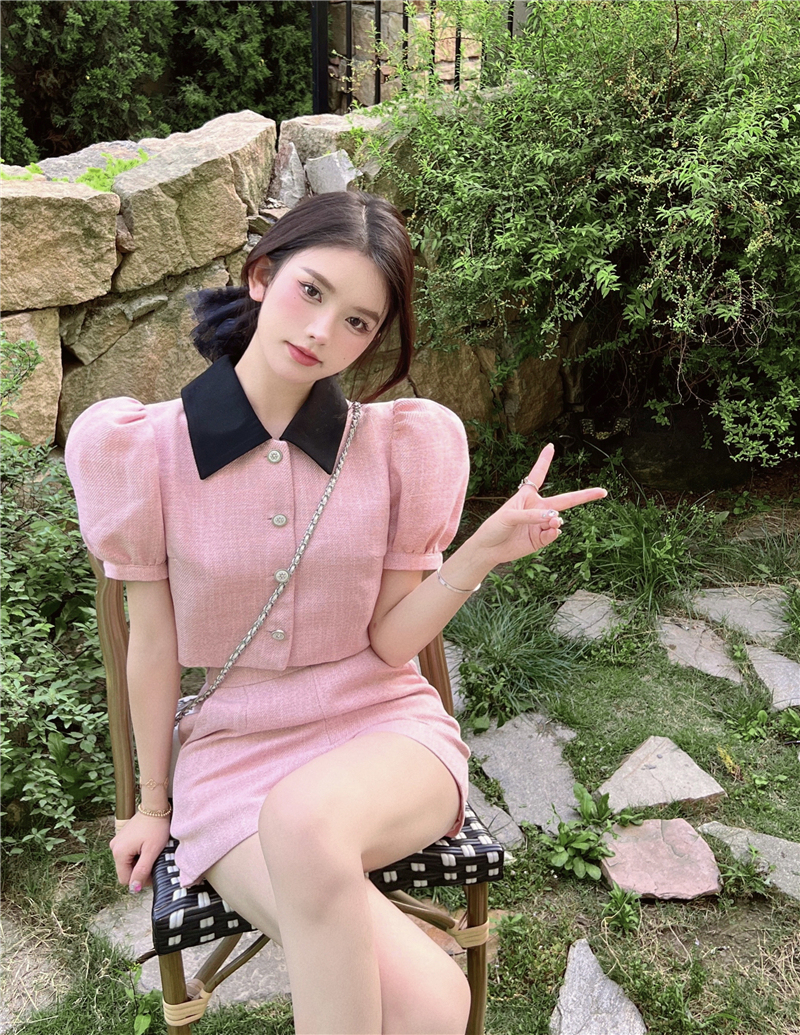 Chic Pink Tweed Suit Set 小香风女神粉色两件套