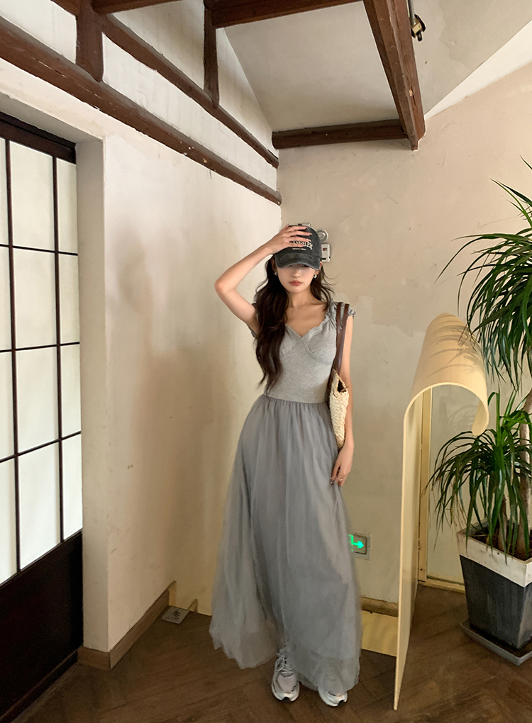 V-Neck Tulle and Mesh Dress法式气质V领拼接纱裙*2Colors