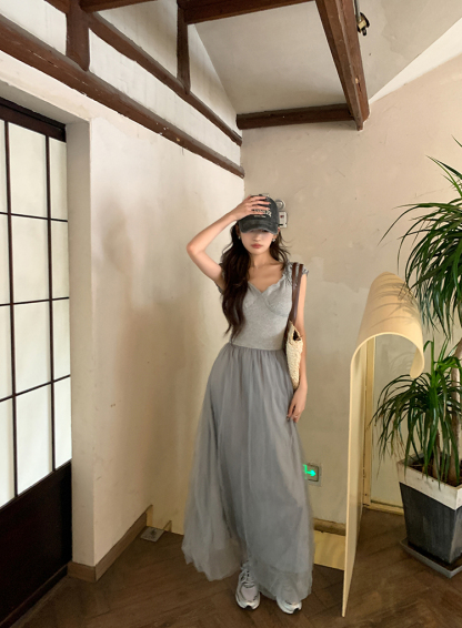 V-Neck Tulle and Mesh Dress法式气质V领拼接纱裙*2Colors