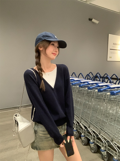 慵懒撞色假两件毛衣* 2 Colors