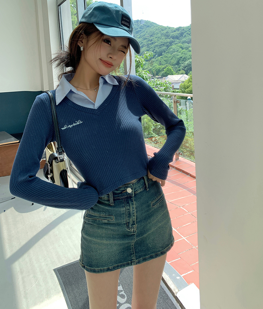 Slim Fit V-Neck Layered Shirt 蓝色假两件V领长袖修身T恤 