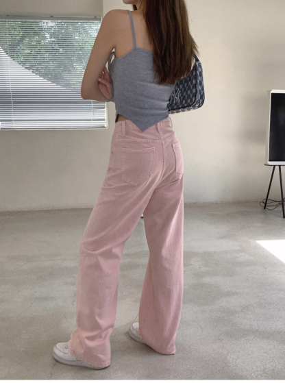 粉色阔腿牛仔裤 pink denim women's pants, high-waisted, slimming, wide-leg, loose straight-leg trousers