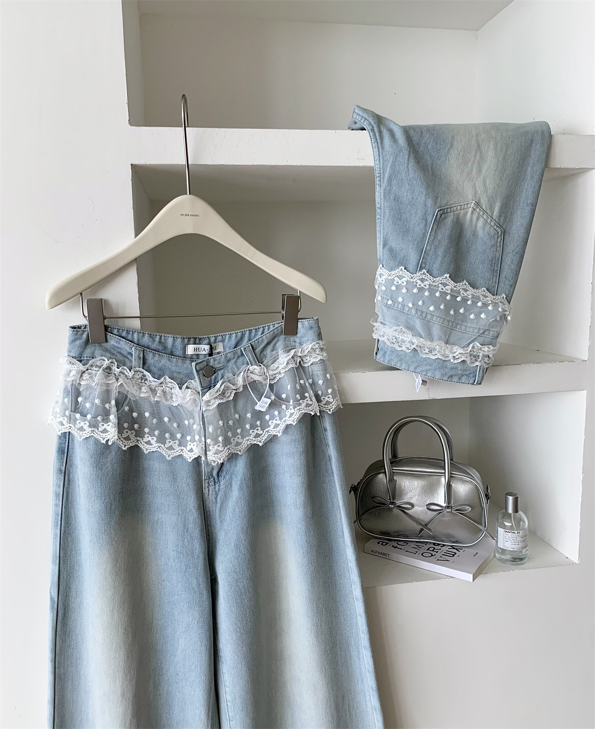 Korean Style Fresh Casual Lace Patchwork Washed Straight Jeans Women's Spring Summer Versatile High Waist Slimming Long Pants