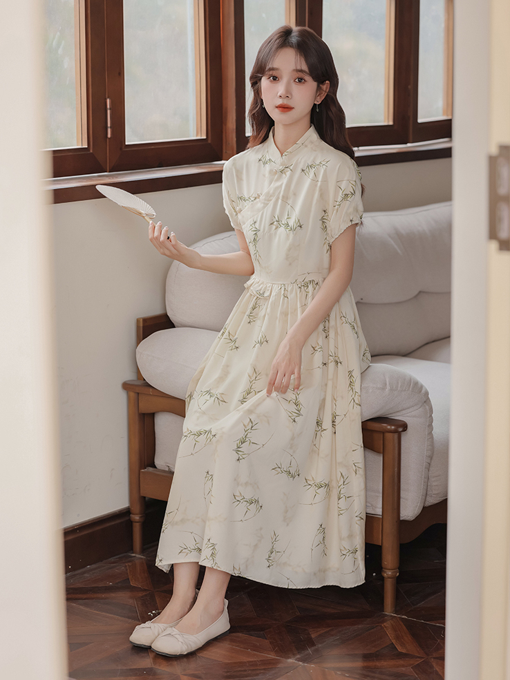 Apricot Tencel Bamboo Leaf Printing New Chinese Style Dress Short Sleeve Waist-Controlled Slimming Dress 40