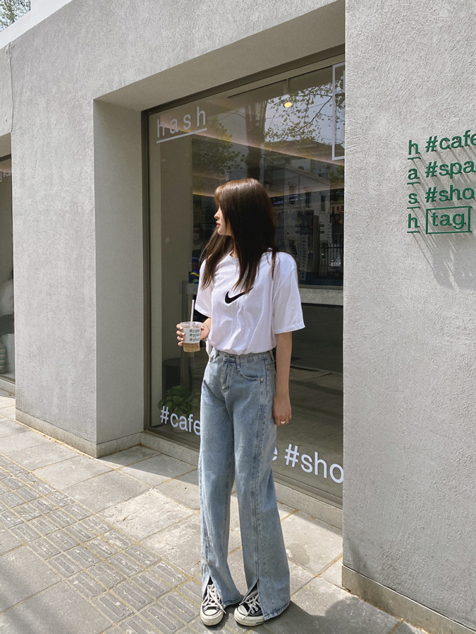 Actual Shot 2025 Summer New HyunA Floor-Length Pants with Slit High Waist Versatile Loose Straight Wide-Leg Denim Long Pants for Women