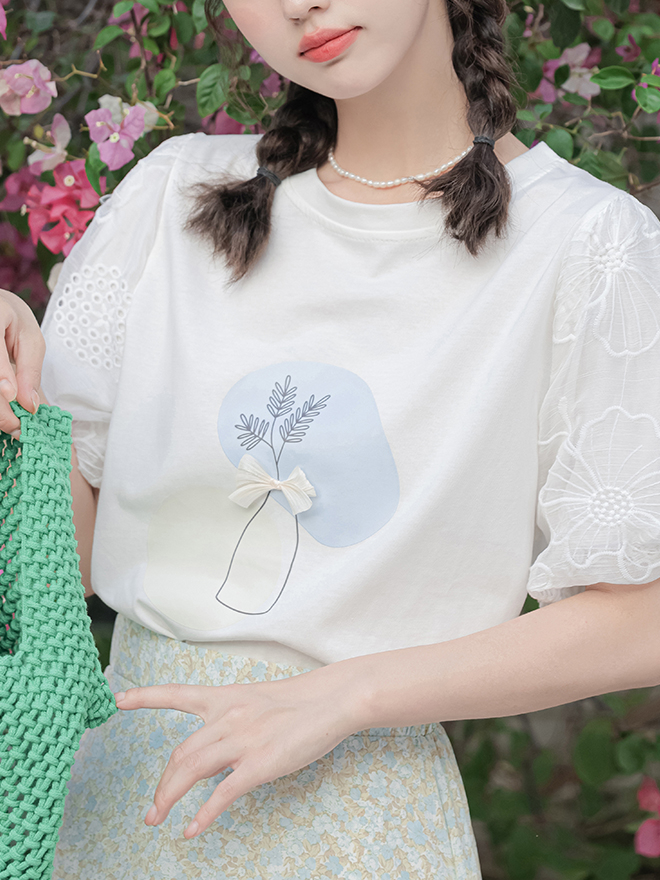 Floral Patterned Puff Sleeve Tee 植物印花泡泡袖T恤*2 Colors