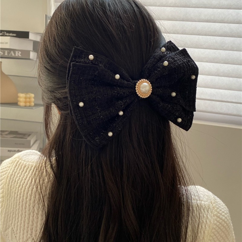  Thick Tweed Bow-Knot Hairpin 粗花呢珍珠三层蝴蝶结发夹*4色 