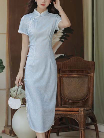 新中式蓝色修身连衣裙 Spring Summer New Chinese Style Blue Slim Dress