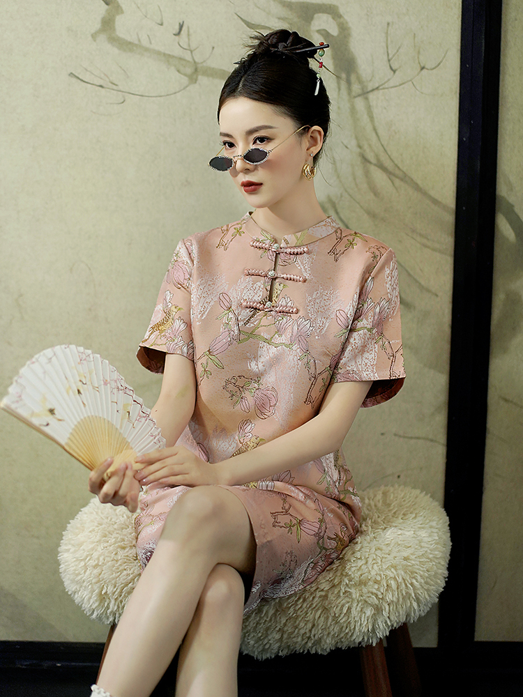 National Style New Chinese Style Light Luxury Elegant Printed Improved Cheongsam Loose Fit Slimming Texture Plus Size Large Floral Dress