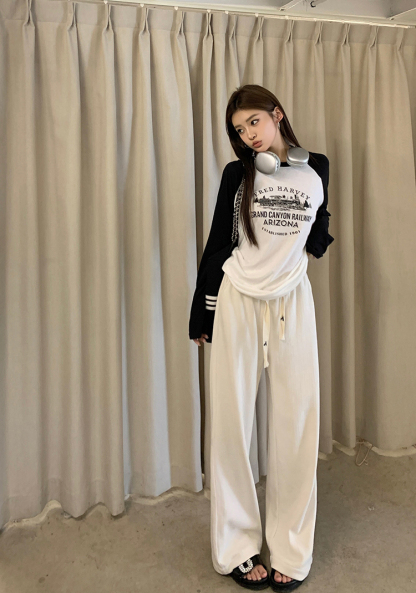 Contrast Color Long Sleeve T-shirt美式印花撞色长袖T恤 *2Colors