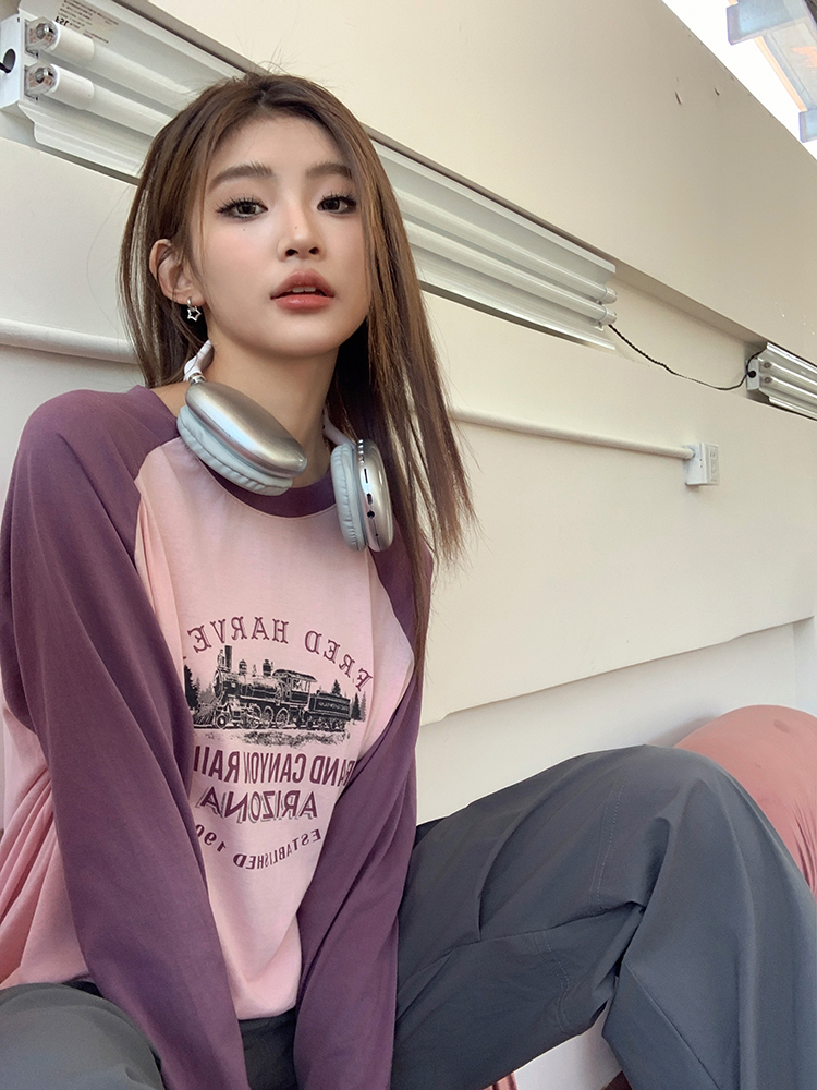 Contrast Color Long Sleeve T-shirt美式印花撞色长袖T恤 *2Colors