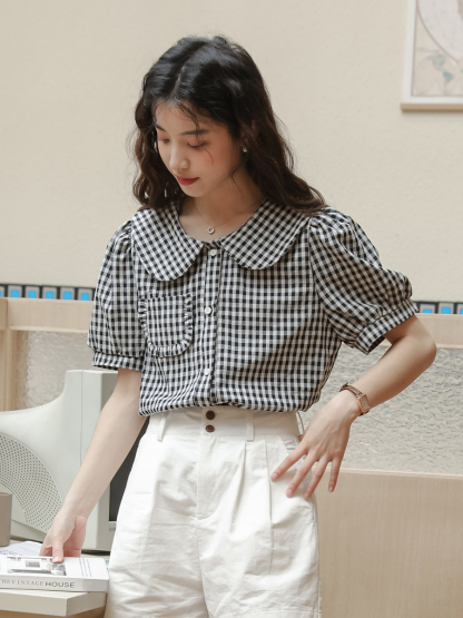Vintage Plaid Doll Collar Shirt 复古娃娃领衬衫 