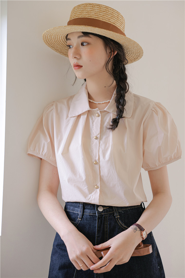 Metal Buttoned Doll Collar Blouse 金属扣娃娃领短袖衬衫*2Colors