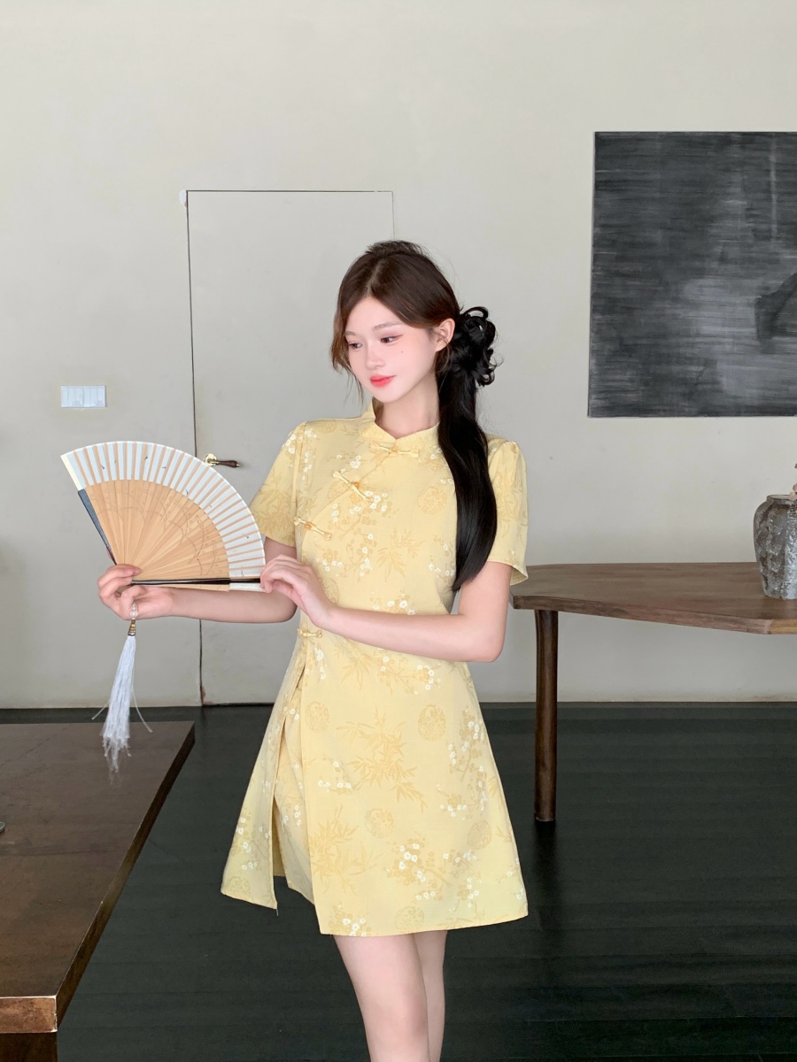 Short Sleeve Cheongsam Short Skirt Two-Piece Set 袖旗袍短裙两件套装