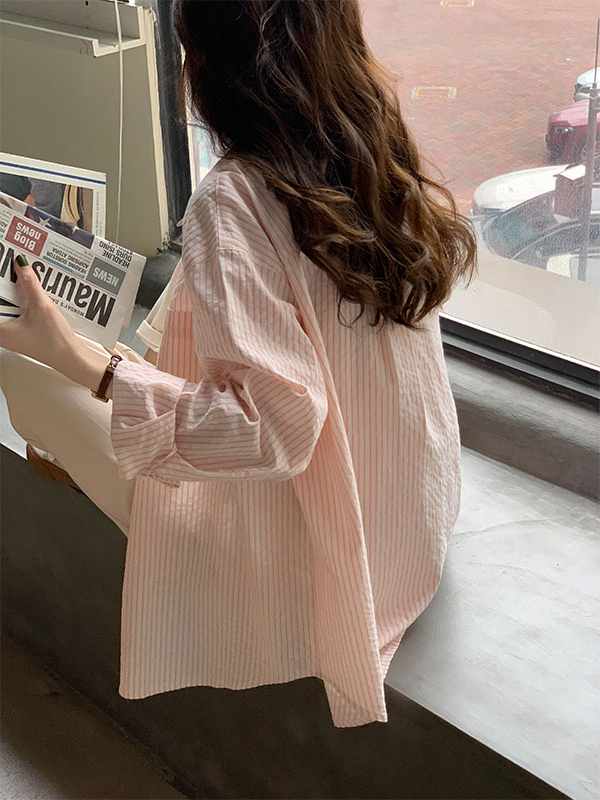 Casual Striped Long-Sleeve Blouse 治愈系女孩~经典条纹宽松长袖衬衫*3Colors