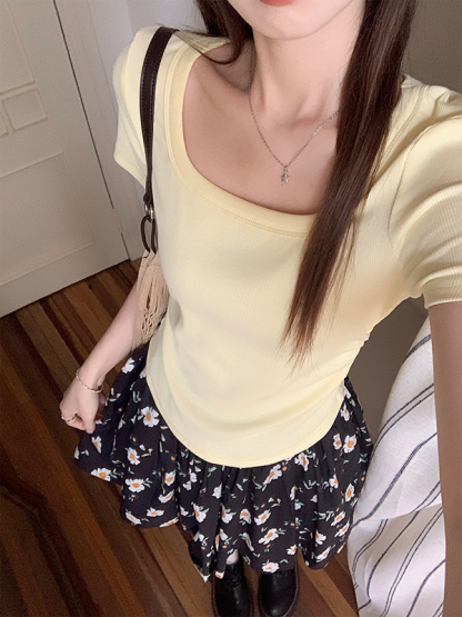 Taro Purple Pure Desire Ruched Square Neck Short Sleeve T-Shirt 方领抽褶短款T恤