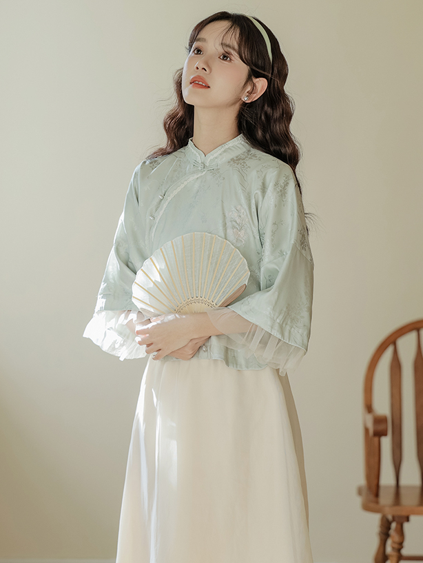 China Style Improved Cheongsam Two-Piece Set 小清新蕾丝提花两件套