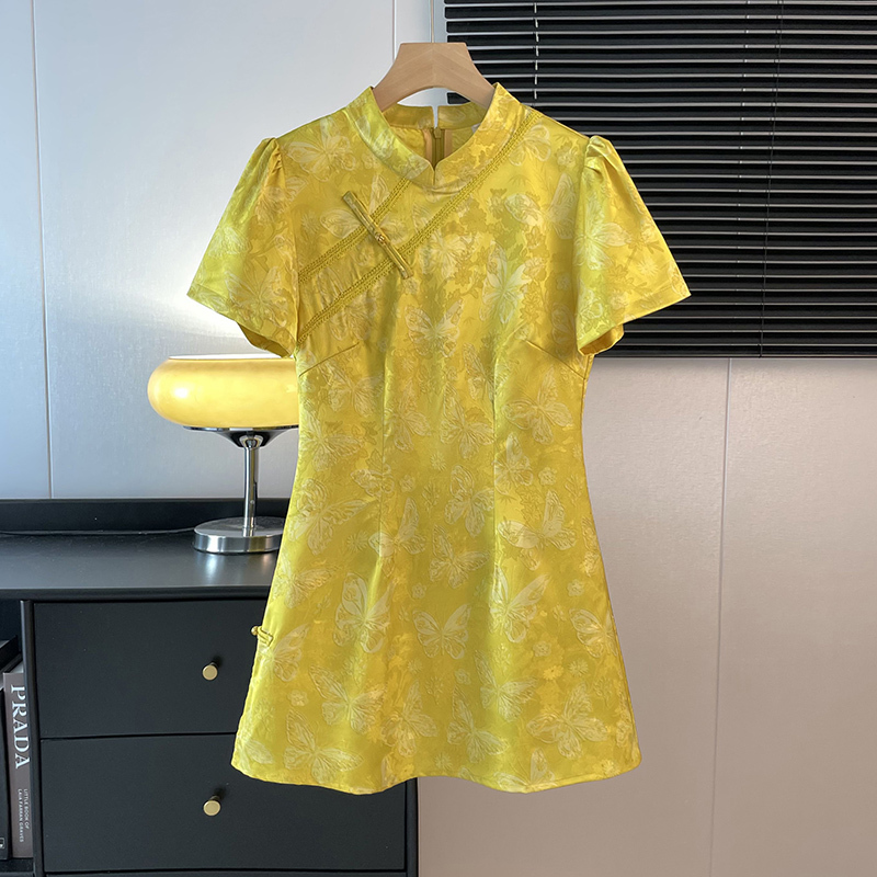 Real Shot New Chinese Style National Style Elegant Stand Collar Jacquard Classical Pattern Ethnic Style Improved Summer Top and Shorts Set