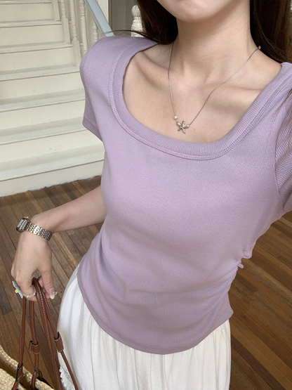 Taro Purple Pure Desire Ruched Square Neck Short Sleeve T-Shirt 方领抽褶短款T恤