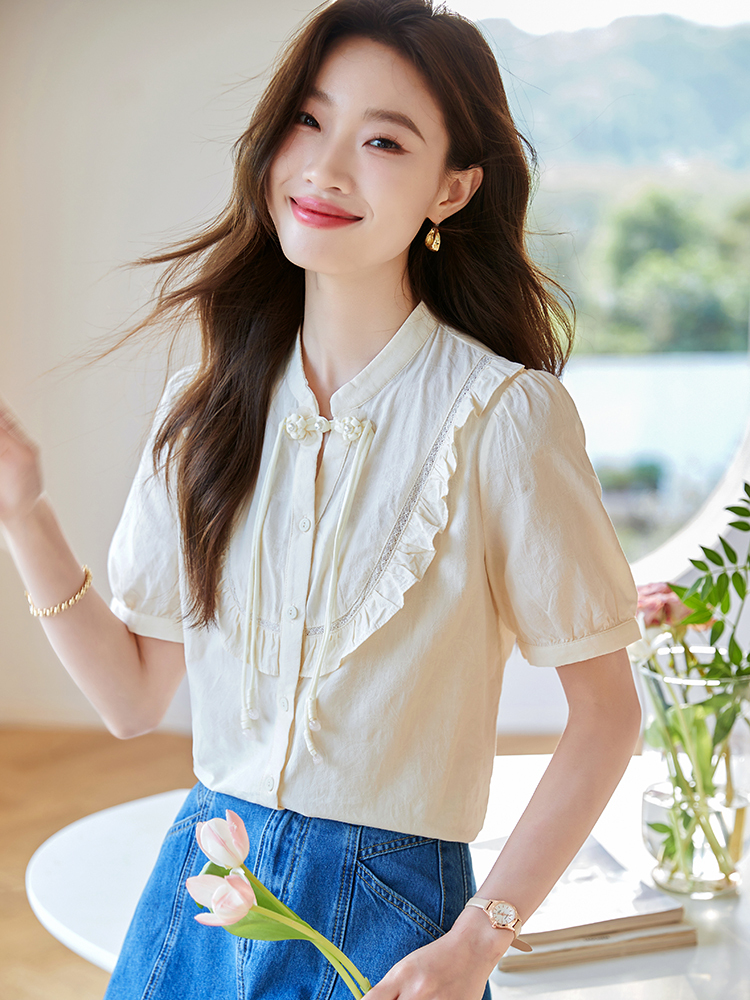 Chinese Style New Chinese Style Short-Sleeved Shirt for Women 2024 Summer New Elegant Buckle Ruffled Shirt Top