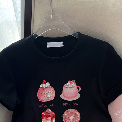 First Real Shot High Quality Combed Cotton ~ Procurement Service of Korean Products Style Younger Oil Painting Letter Short Sleeve T-shirt Women's Cotton Shoulder Top