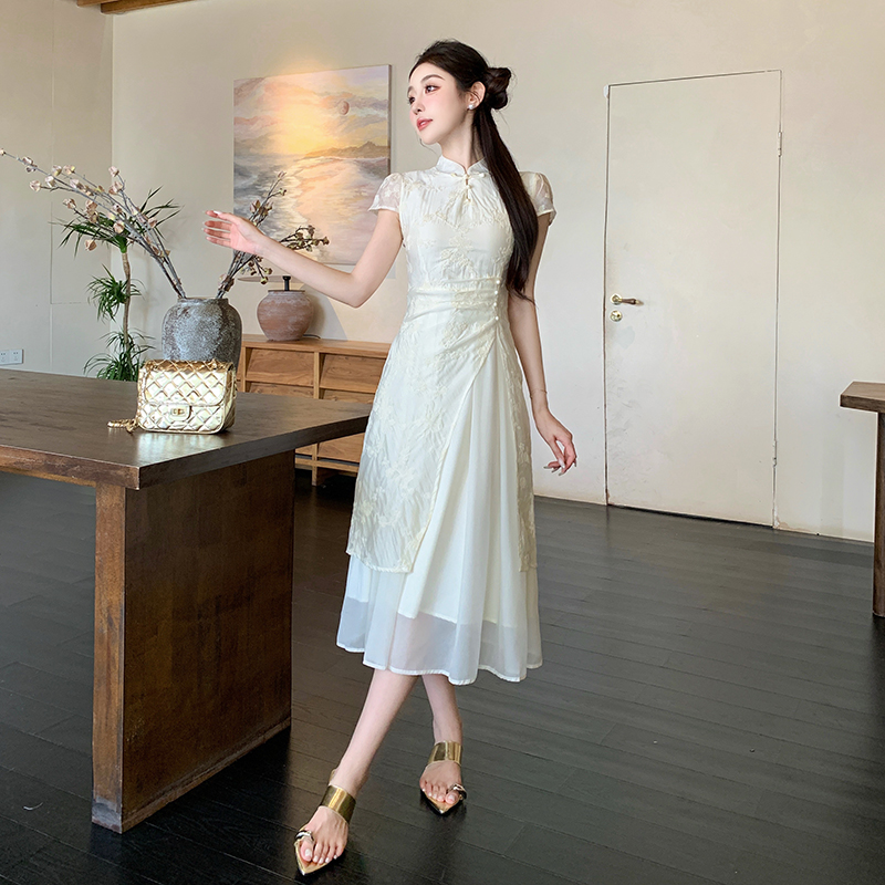 蓝色印花蕾丝中式2件套 New Chinese Style National Style Cheongsam Embroidered Waist Slimming Elegant Girl Dress