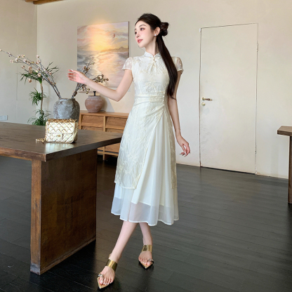 蓝色印花蕾丝中式2件套 New Chinese Style National Style Cheongsam Embroidered Waist Slimming Elegant Girl Dress