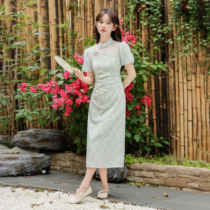 Uragiri Yarn Mint Mambo Style New Chinese Improved Cheongsam Dress Green Fake Two Pieces Girl Cheongsam Skirt 40