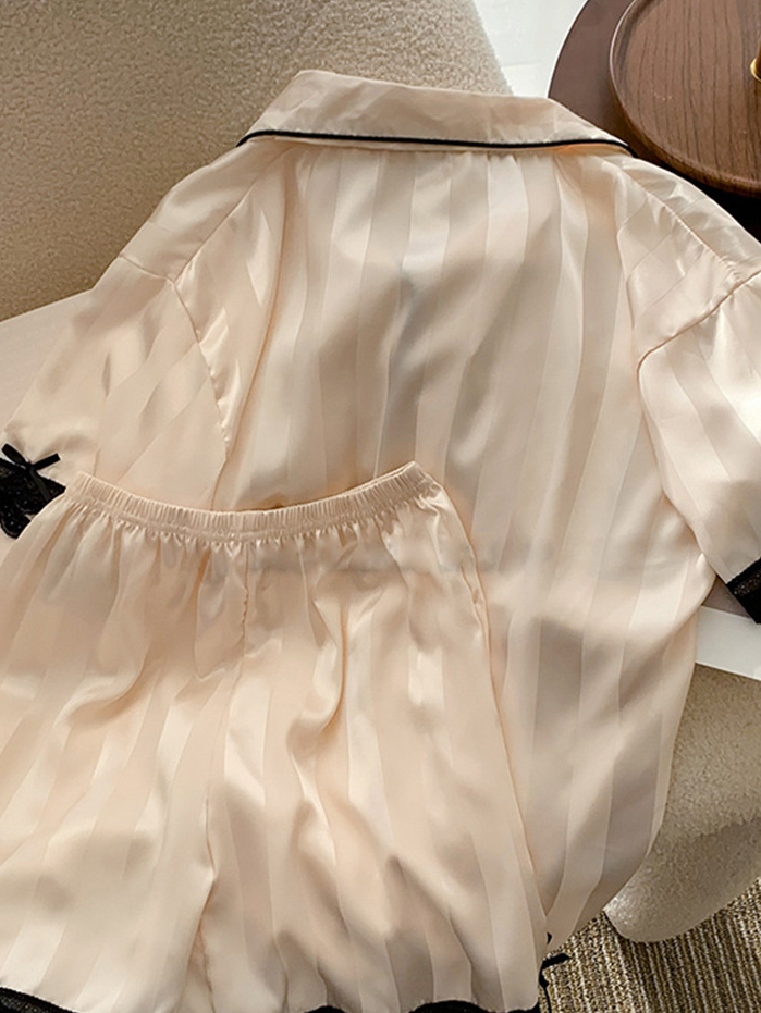 Striped Lace Ice Silk Pajama Set 条纹字母蕾丝边冰丝睡衣套装