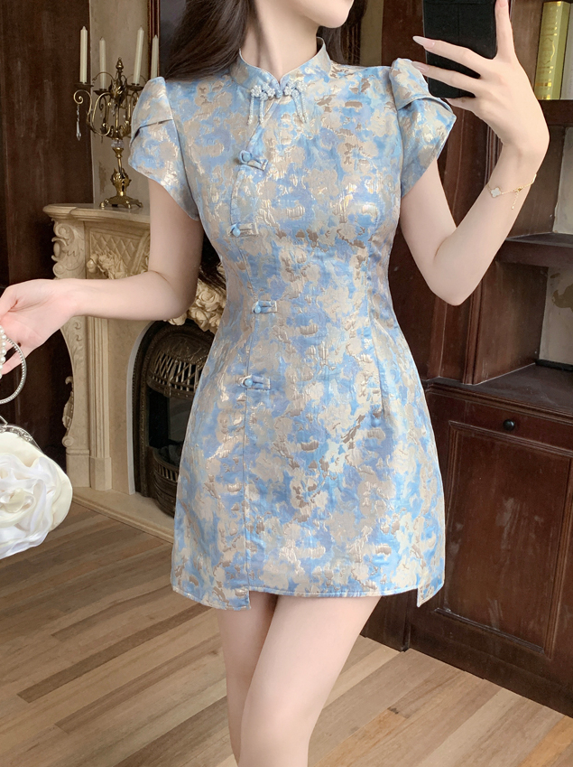 蓝色印花蕾丝中式2件套 New Chinese Style Improved Cheongsam Fashionable Dress