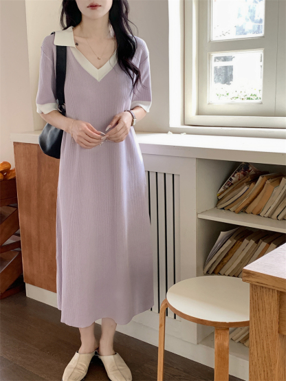 Vintage V-Neck Knit Dress  法式复古V领针织连衣裙*3Colors