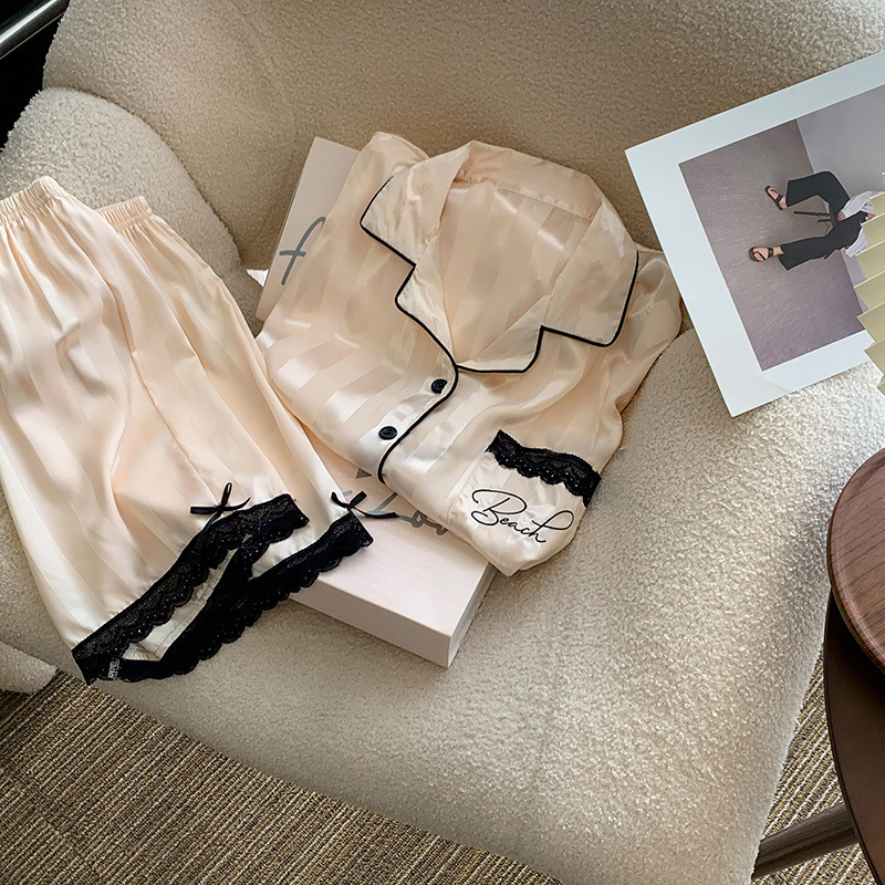 Striped Lace Ice Silk Pajama Set 条纹字母蕾丝边冰丝睡衣套装