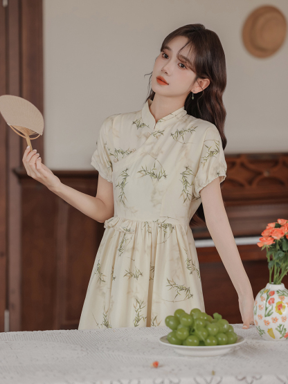 Apricot Tencel Bamboo Leaf Printing New Chinese Style Dress Short Sleeve Waist-Controlled Slimming Dress 40