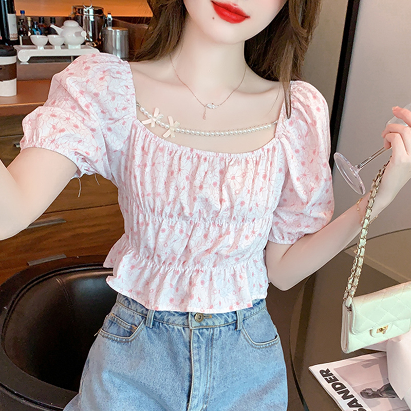 Real Shot ~ in Stock 2023 Summer New Design Sense Waist Trimming Short Floral Top French Square Collar Puff Sleeve Women