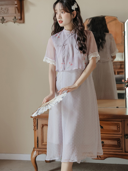 烟紫色古风印花假两件雪纺连衣裙  Lavender Floral Chiffon Layered Dress