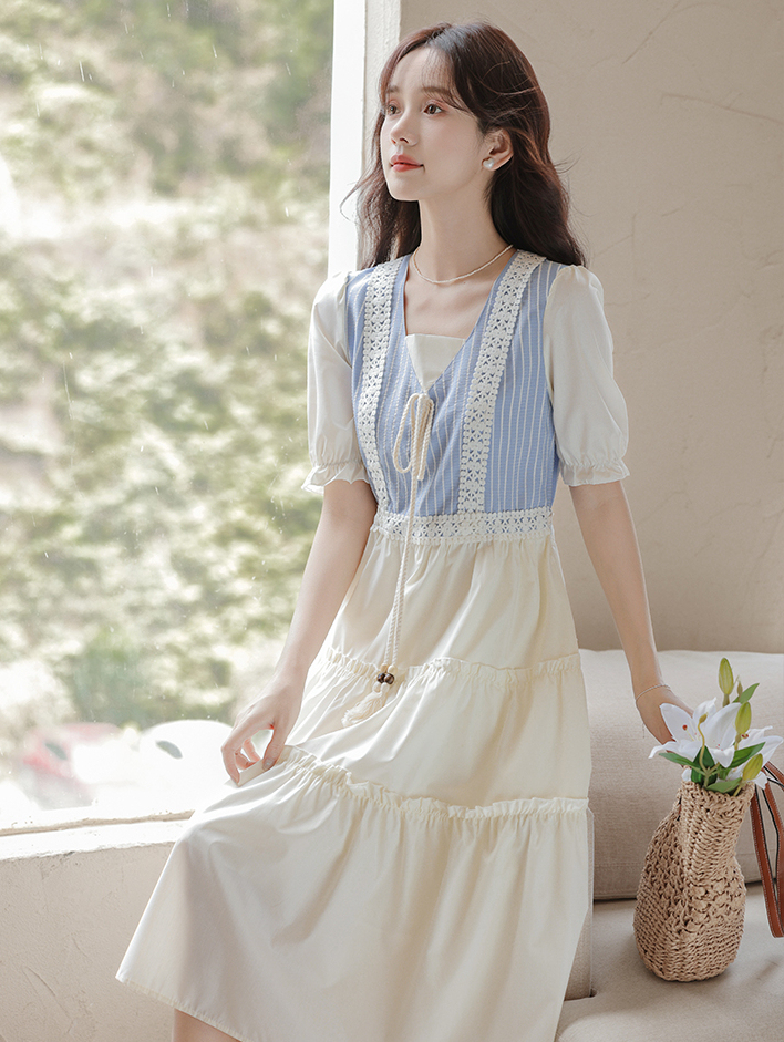 Artistic Vintage Skirt Women's 2024 Summer New Imitation Denim Striped Stitching Fake Two Pieces Short Sleeve Dress 50