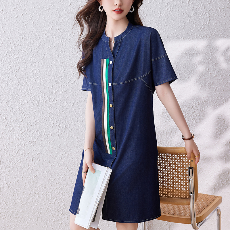Real Shot Spot 2024 New Fashion V-neck Denim Dress Women's Summer Casual A- line Dress Cool Feeling Large-Sized Skirt