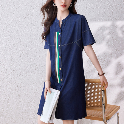 Real Shot Spot 2024 New Fashion V-neck Denim Dress Women's Summer Casual A- line Dress Cool Feeling Large-Sized Skirt