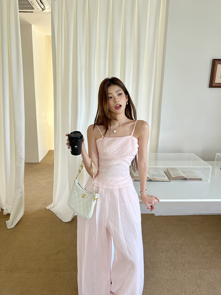 RINA Strapless Top & Wide Leg Pants Set 慵懒纯欲粉色抹胸上衣+休闲阔腿裤两件套