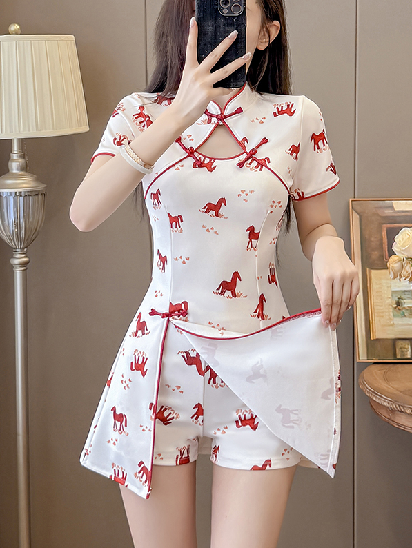 Real Shot New Style New Chinese Style Fashion Suit Petite Cheongsam Dress Socialite Style Dress Suit Two-Piece Set