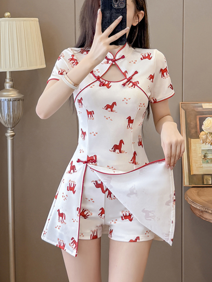 Real Shot New Style New Chinese Style Fashion Suit Petite Cheongsam Dress Socialite Style Dress Suit Two-Piece Set