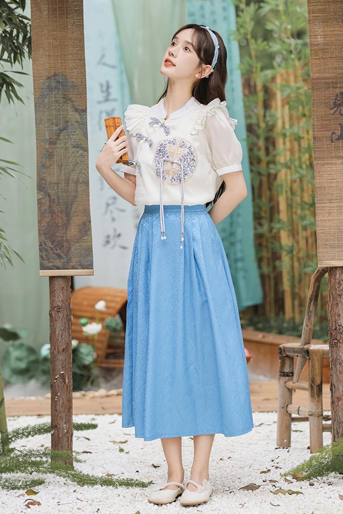 Embroidered Ruffle Hem Top & Skirt Set 刺绣荷叶边上衣+半身裙两件套