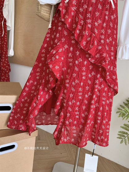 Q Girl's Home Undefined Floral Dress/French Style Stunning Red Spaghetti Strap Dress Irregular Slit Long Dress