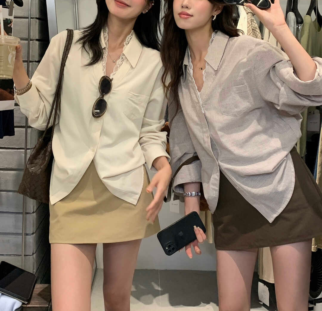 Lace Trim V-Neck Shirt V领蕾丝拼接衬衫*4 Colors