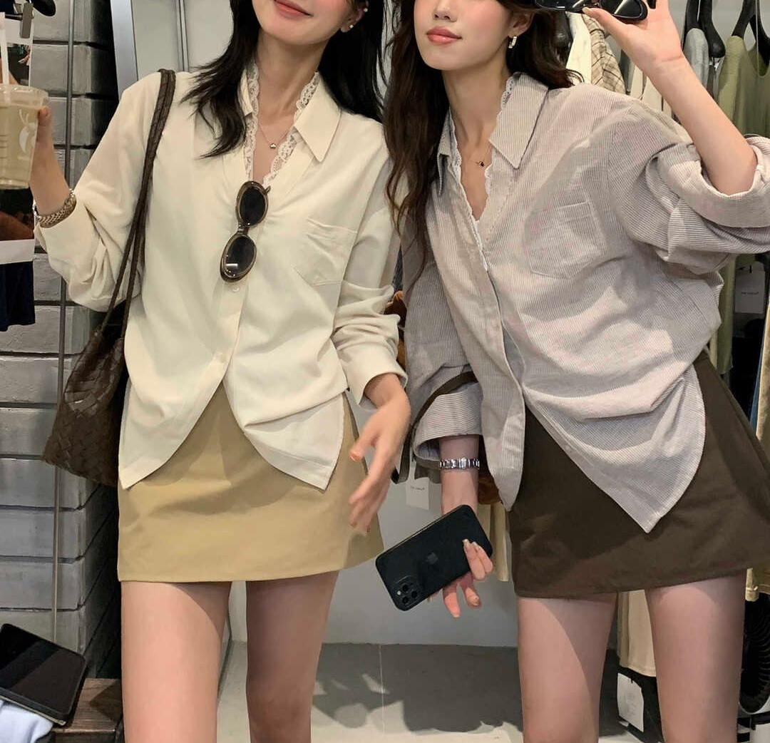 Lace Trim V-Neck Shirt V领蕾丝拼接衬衫*4 Colors