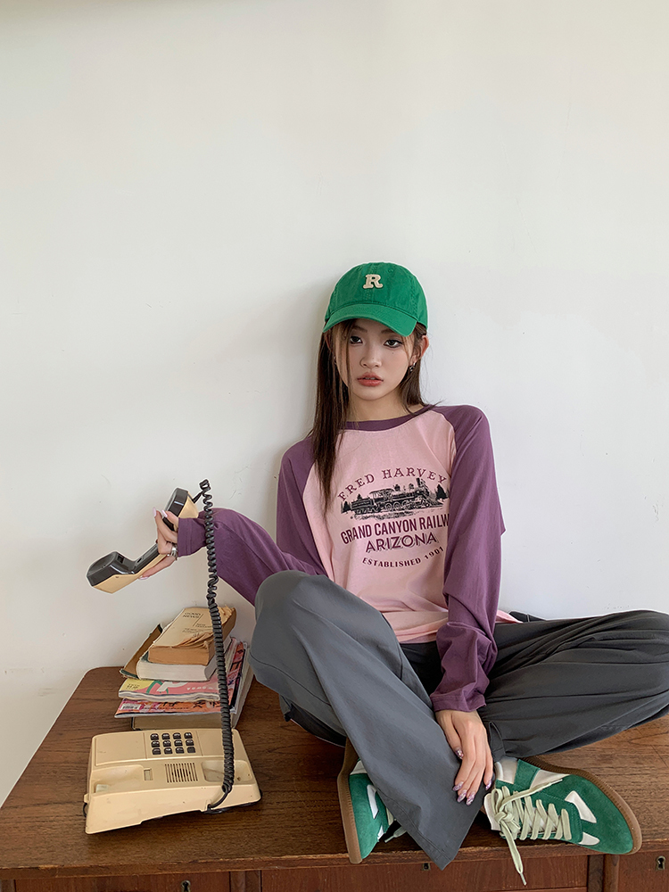 Contrast Color Long Sleeve T-shirt美式印花撞色长袖T恤 *2Colors