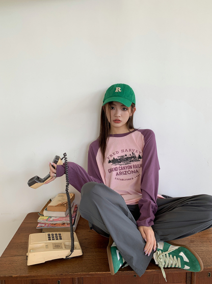 Contrast Color Long Sleeve T-shirt美式印花撞色长袖T恤 *2Colors