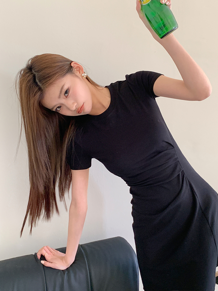 Real Shot 2025 Spring Summer New Women's Casual Fashion Pleated Waist Thin Short Sleeve Slim Fit Dress Slimming